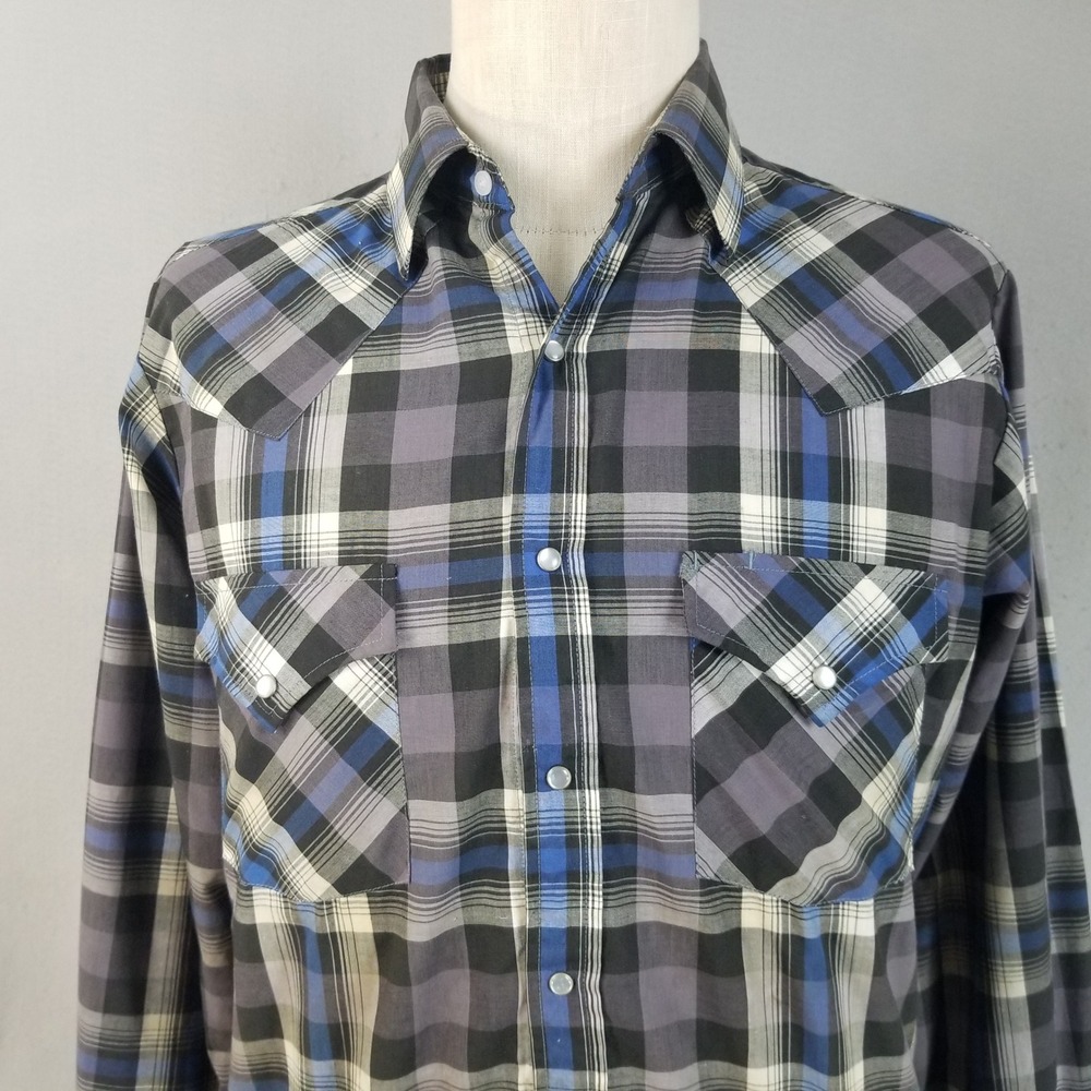 Ely Cattleman Shirt Mens M Blue Plaid Western Pearl Snap Long Sleeve Poly Blend